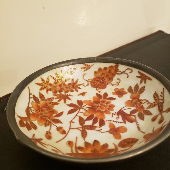 Vtg A.C.F. Japanese Porcelain Ware Bowl Wrapped Pewter Floral Hong Kong decorate - Picture 4 of 11